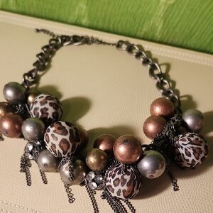 Leopard Print Statement Necklace with Bronze and Silver colored Beads
